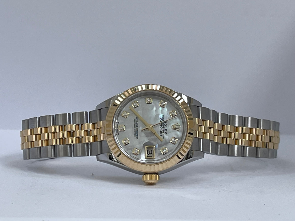 Rolex Steel and Yellow Gold Lady-Datejust - 2023 - Fluted Bezel - White Mother-Of-Pearl Diamond Dial - Jubilee Bracelet - 279173