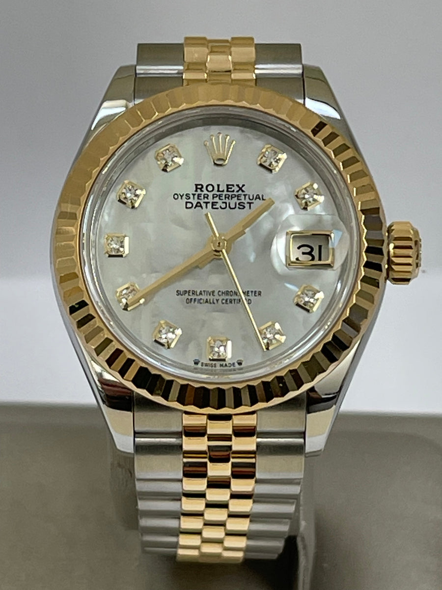 Rolex Steel and Yellow Gold Lady-Datejust - 2023 - Fluted Bezel - White Mother-Of-Pearl Diamond Dial - Jubilee Bracelet - 279173