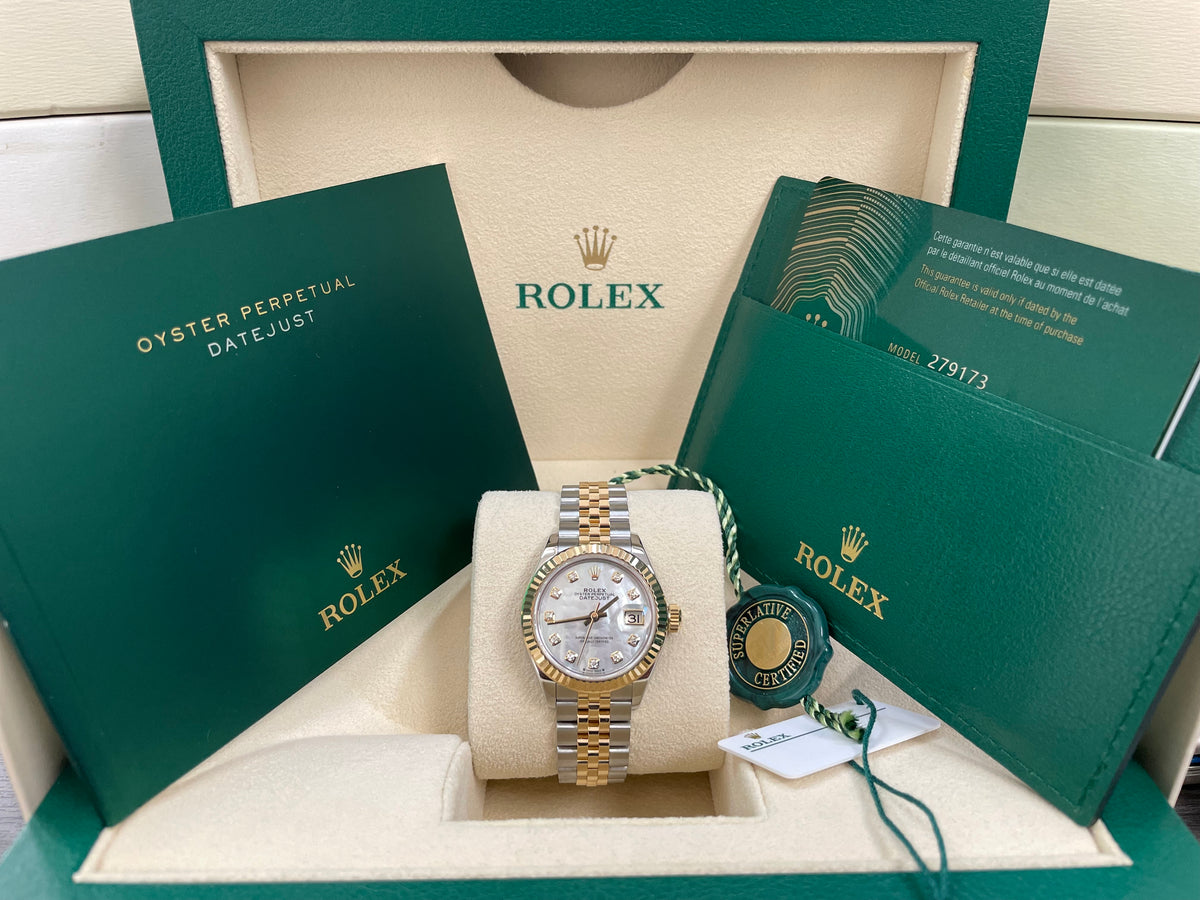 Rolex Steel and Yellow Gold Lady-Datejust - 2023 - Fluted Bezel - White Mother-Of-Pearl Diamond Dial - Jubilee Bracelet - 279173