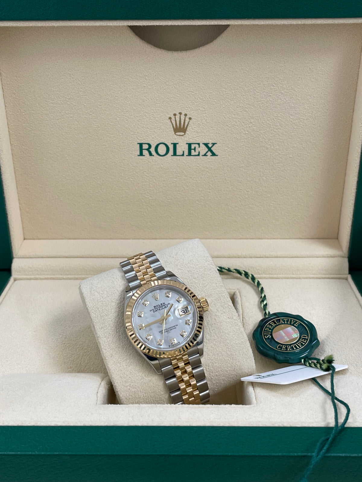 Rolex Steel and Yellow Gold Lady-Datejust - 2023 - Fluted Bezel - White Mother-Of-Pearl Diamond Dial - Jubilee Bracelet - 279173