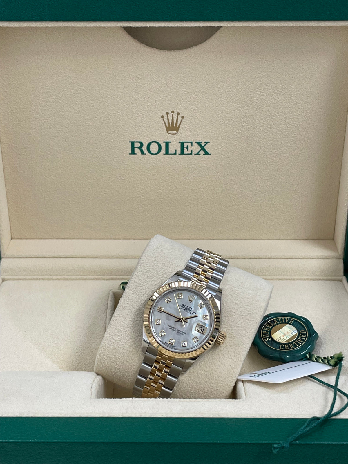 Rolex Steel and Yellow Gold Lady-Datejust - 2023 - Fluted Bezel - White Mother-Of-Pearl Diamond Dial - Jubilee Bracelet - 279173