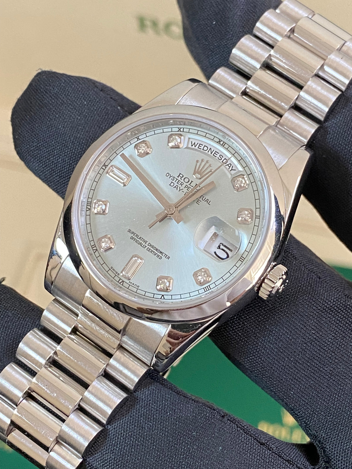 Rolex Platinum Day-Date 36 - 2021 - Domed Bezel - Ice Blue Diamond Dial - President Bracelet - 118206 *NEW STYLE CARD*