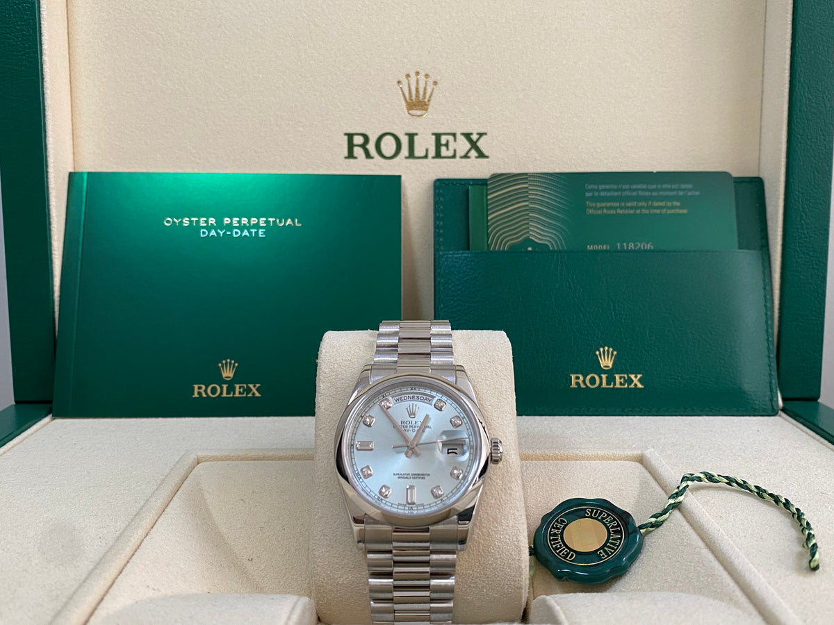 Rolex Platinum Day-Date 36 - 2021 - Domed Bezel - Ice Blue Diamond Dial - President Bracelet - 118206 *NEW STYLE CARD*