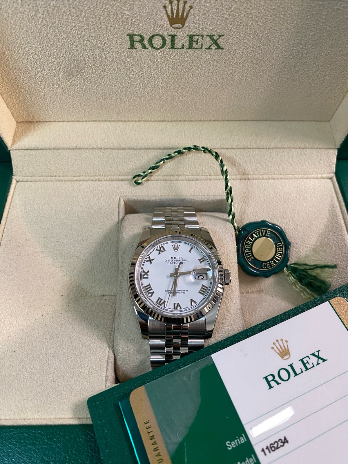 Rolex Steel Datejust 36 - 2016 - Fluted Bezel - White Roman Dial - Jubilee Bracelet - 116234 *FULL SET*