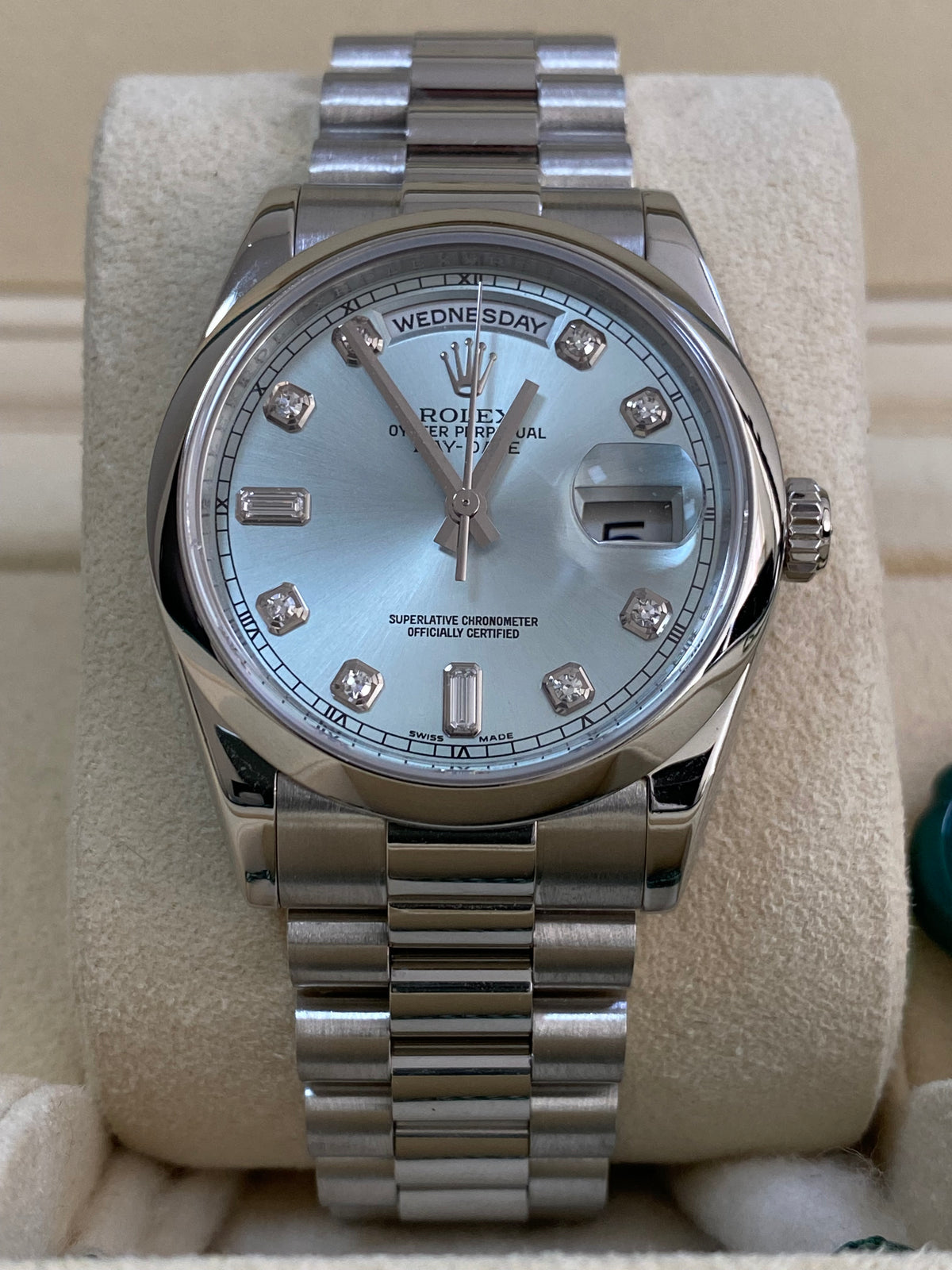 Rolex Platinum Day-Date 36 - 2021 - Domed Bezel - Ice Blue Diamond Dial - President Bracelet - 118206 *NEW STYLE CARD*