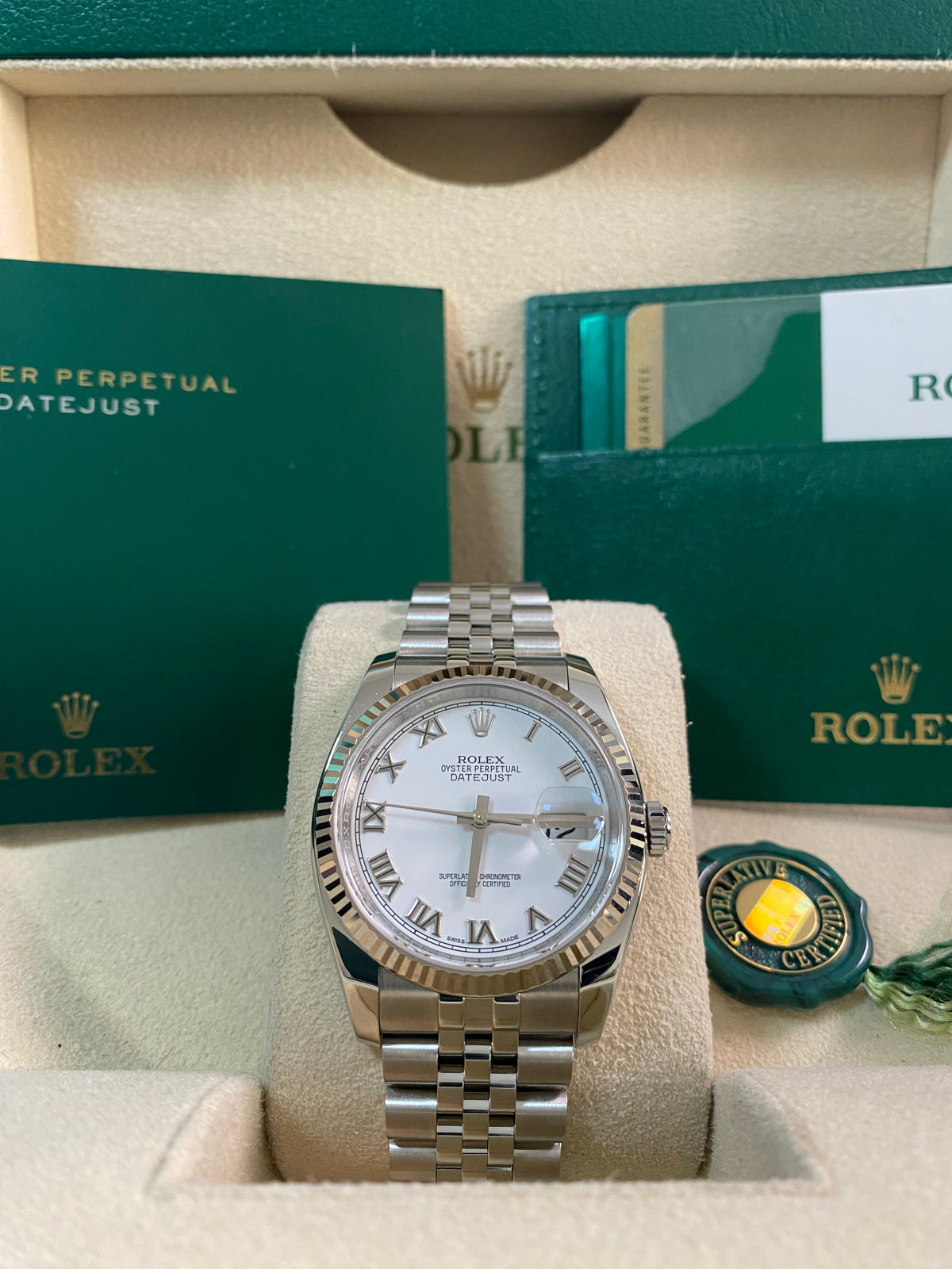 Rolex Steel Datejust 36 - 2016 - Fluted Bezel - White Roman Dial - Jubilee Bracelet - 116234 *FULL SET*