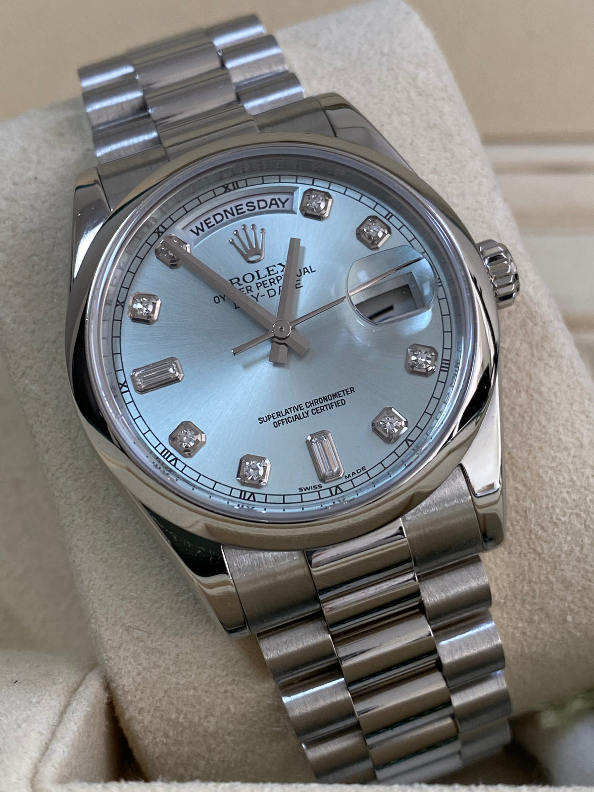 Rolex Platinum Day-Date 36 - 2021 - Domed Bezel - Ice Blue Diamond Dial - President Bracelet - 118206 *NEW STYLE CARD*