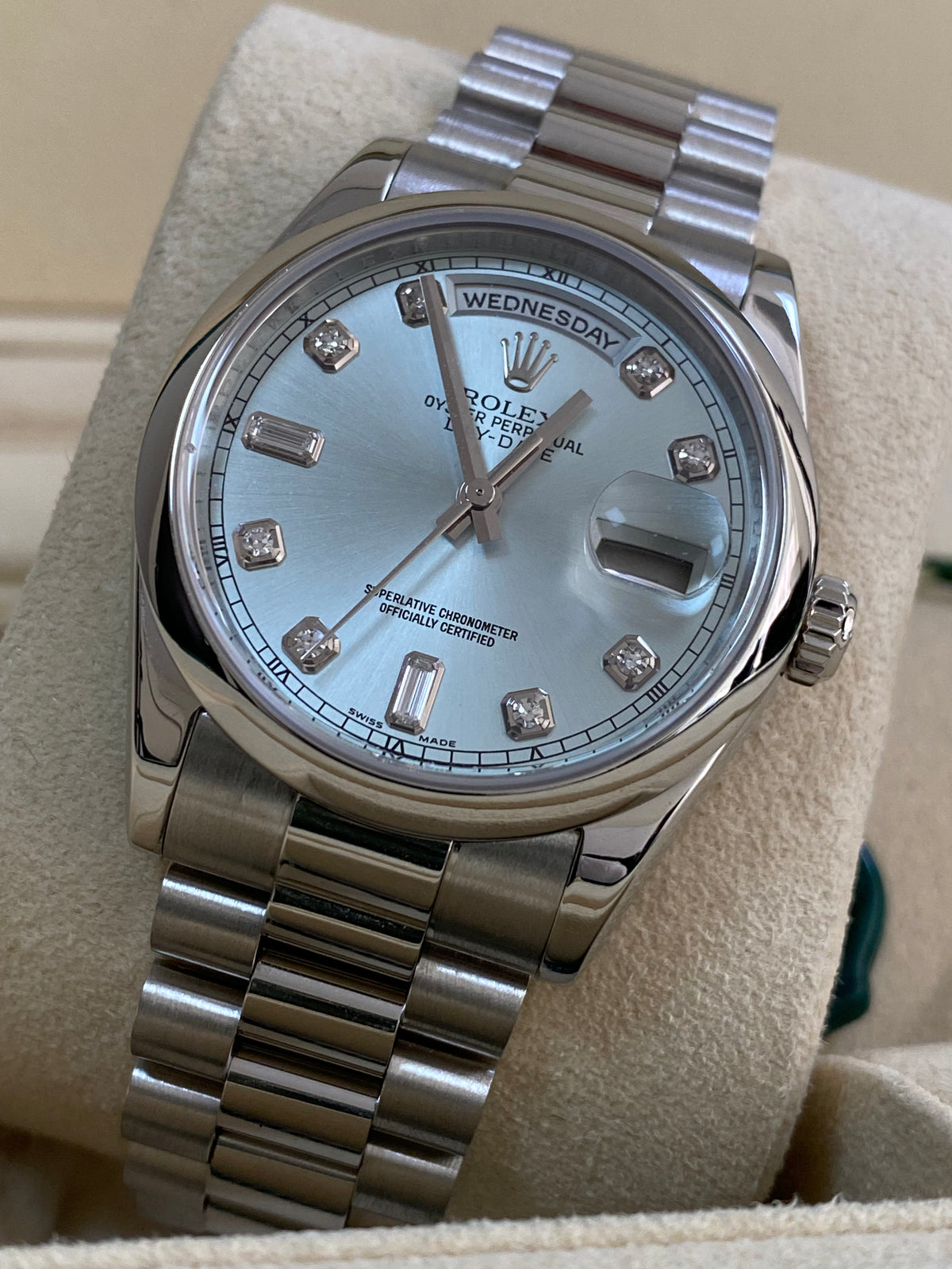 Rolex Platinum Day-Date 36 - 2021 - Domed Bezel - Ice Blue Diamond Dial - President Bracelet - 118206 *NEW STYLE CARD*