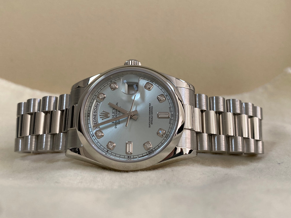 Rolex Platinum Day-Date 36 - 2021 - Domed Bezel - Ice Blue Diamond Dial - President Bracelet - 118206 *NEW STYLE CARD*