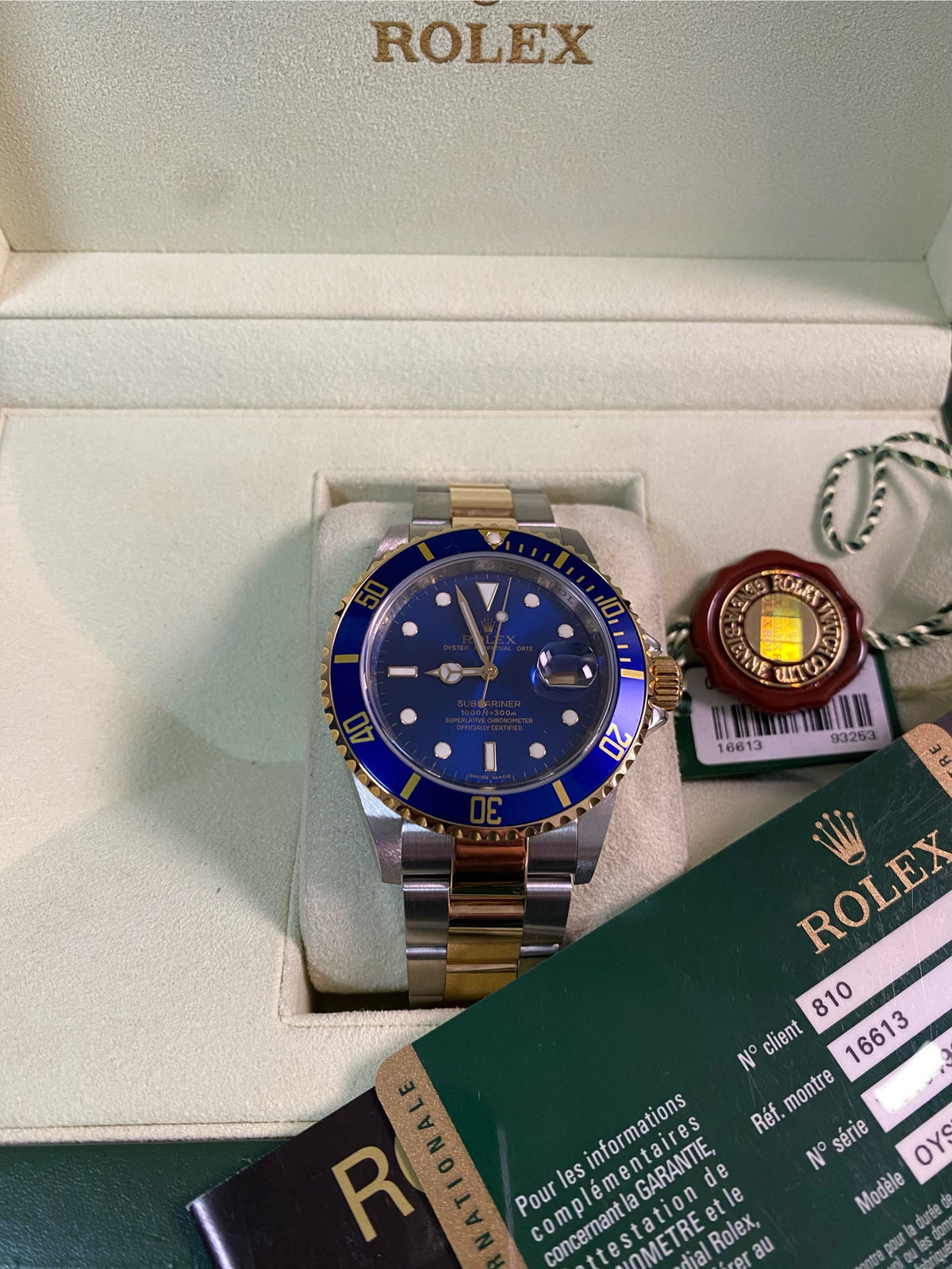 Rolex Steel and Yellow Gold Submariner Date - 2007 - "Bluesy" Pre Ceramic Bezel -Oyster Bracelet - 16613 *FULL SET*