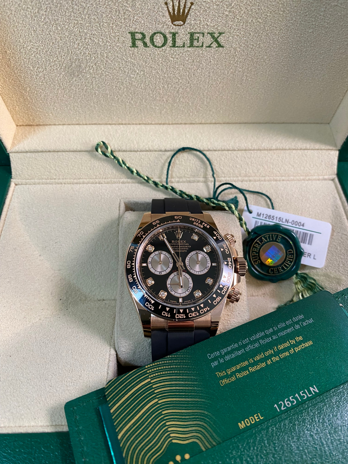 Rolex Everose Gold Cosmograph Daytona - 2024 - Black Diamond Dial - Oysterflex - 126515LN *FULL SET*