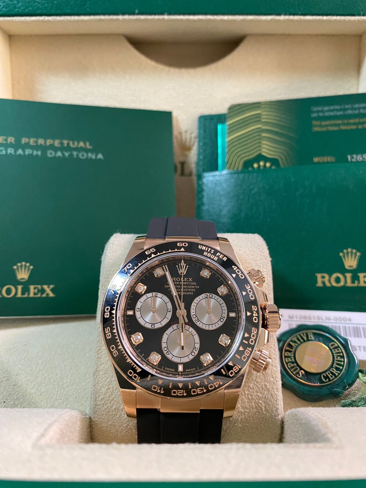 Rolex Everose Gold Cosmograph Daytona - 2024 - Black Diamond Dial - Oysterflex - 126515LN *FULL SET*