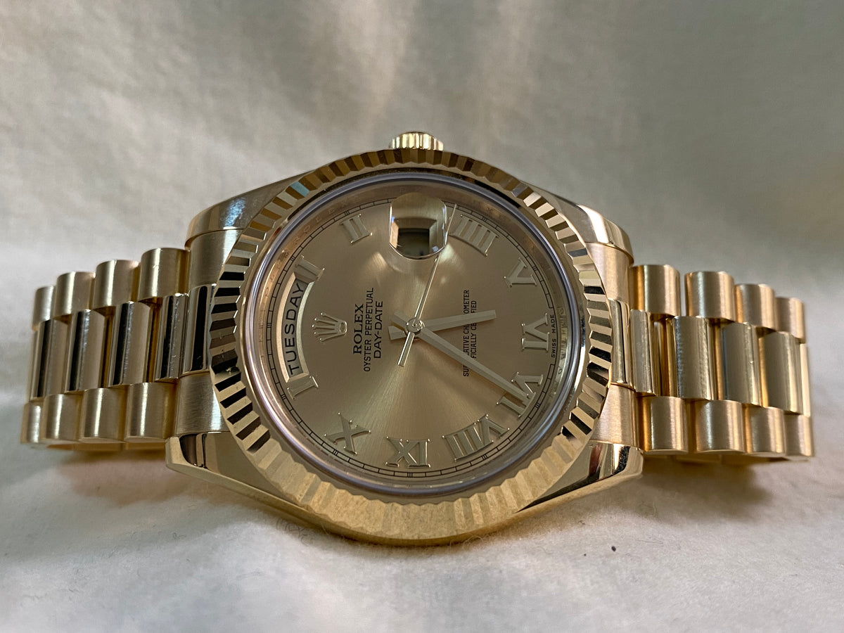 Rolex Yellow Gold Day-Date II - 2012 - Fluted Bezel - Champagne Roman Dial - President Bracelet - 218238