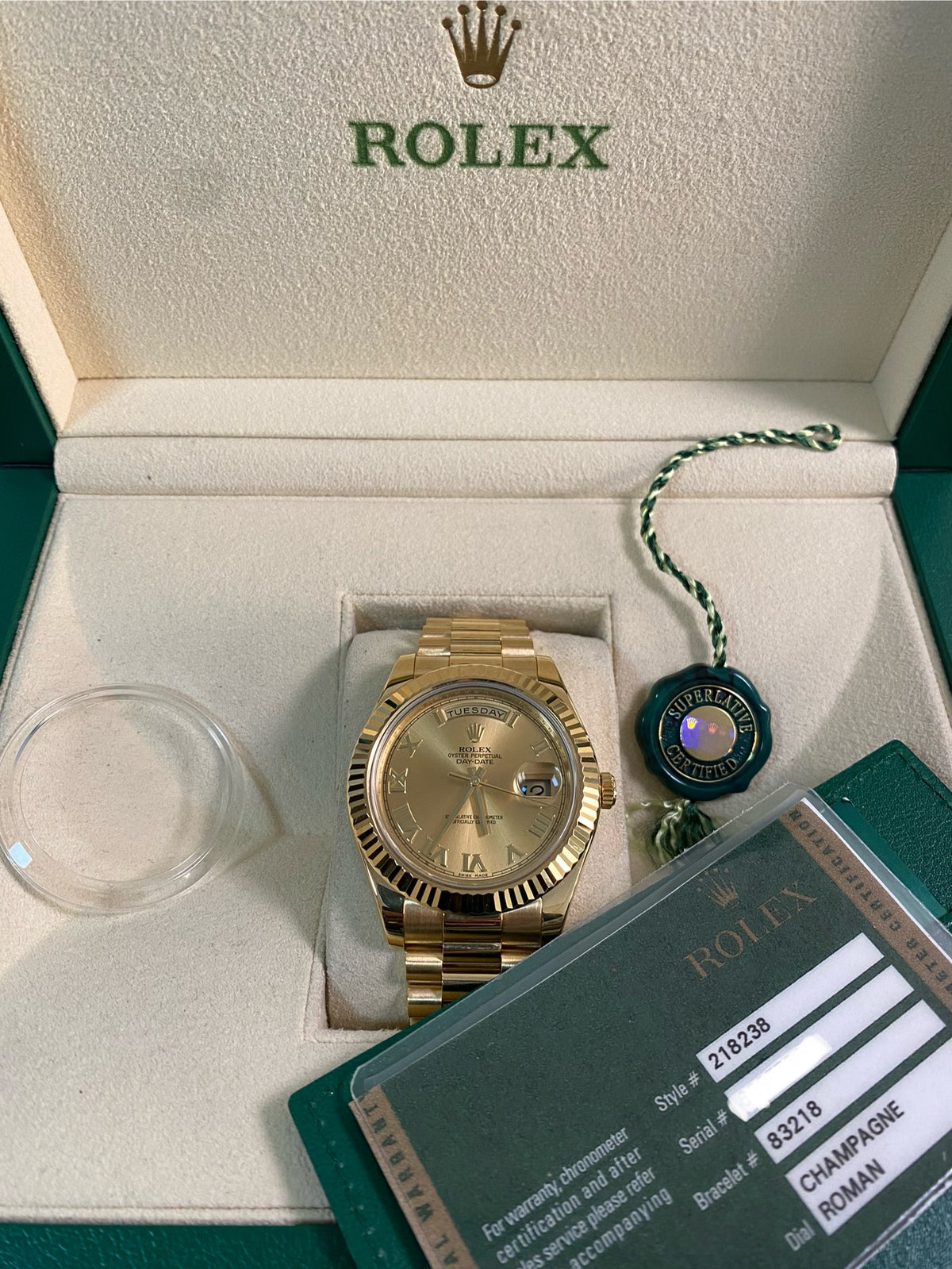 Rolex Yellow Gold Day-Date II - 2012 - Fluted Bezel - Champagne Roman Dial - President Bracelet - 218238