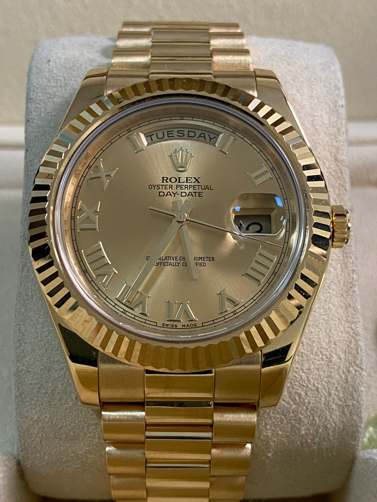 Rolex Yellow Gold Day-Date II - 2012 - Fluted Bezel - Champagne Roman Dial - President Bracelet - 218238