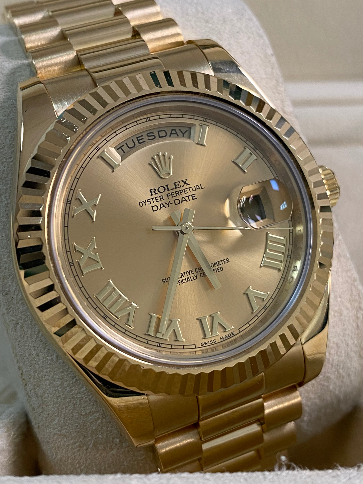 Rolex Yellow Gold Day-Date II - 2012 - Fluted Bezel - Champagne Roman Dial - President Bracelet - 218238