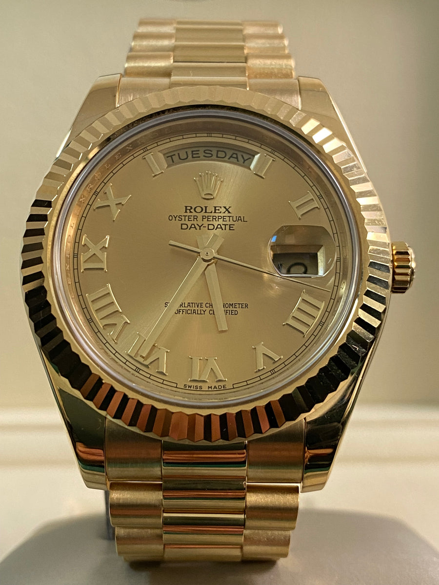 Rolex Yellow Gold Day-Date II - 2012 - Fluted Bezel - Champagne Roman Dial - President Bracelet - 218238