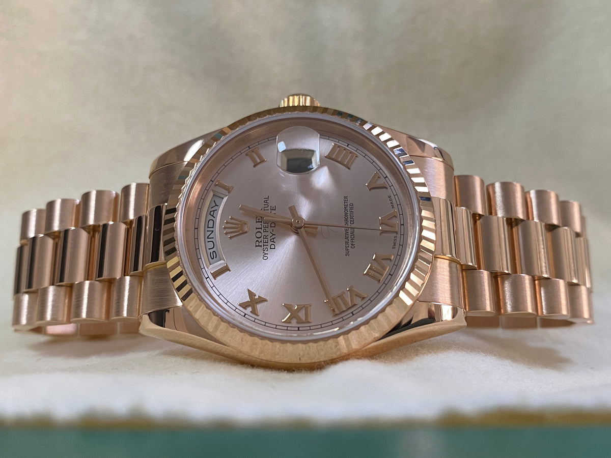 Rolex Everose Gold Day-Date 36 - K serial - Fluted Bezel - Pink Roman Dial - President Bracelet - 118235 *COMPLETE SET*