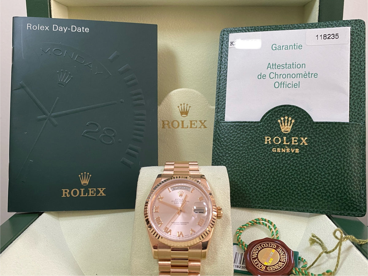 Rolex Everose Gold Day-Date 36 - K serial - Fluted Bezel - Pink Roman Dial - President Bracelet - 118235 *COMPLETE SET*