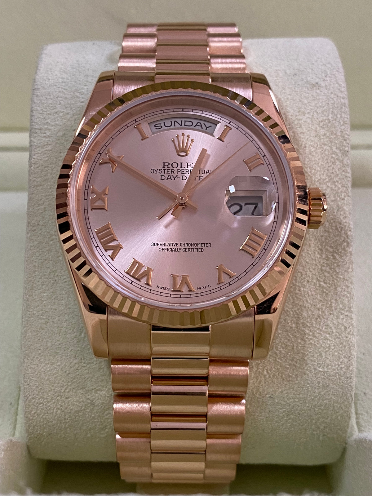 Rolex Everose Gold Day-Date 36 - K serial - Fluted Bezel - Pink Roman Dial - President Bracelet - 118235 *COMPLETE SET*