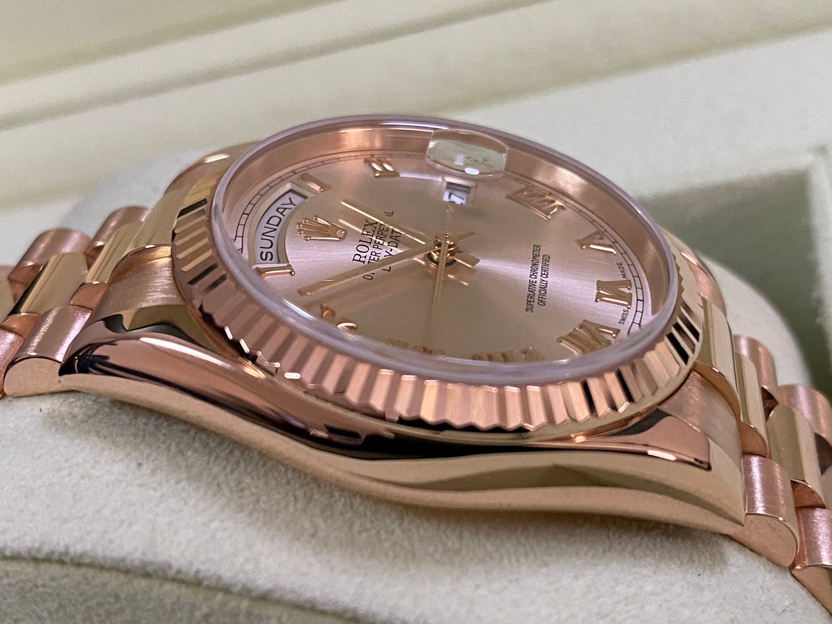 Rolex Everose Gold Day-Date 36 - K serial - Fluted Bezel - Pink Roman Dial - President Bracelet - 118235 *COMPLETE SET*