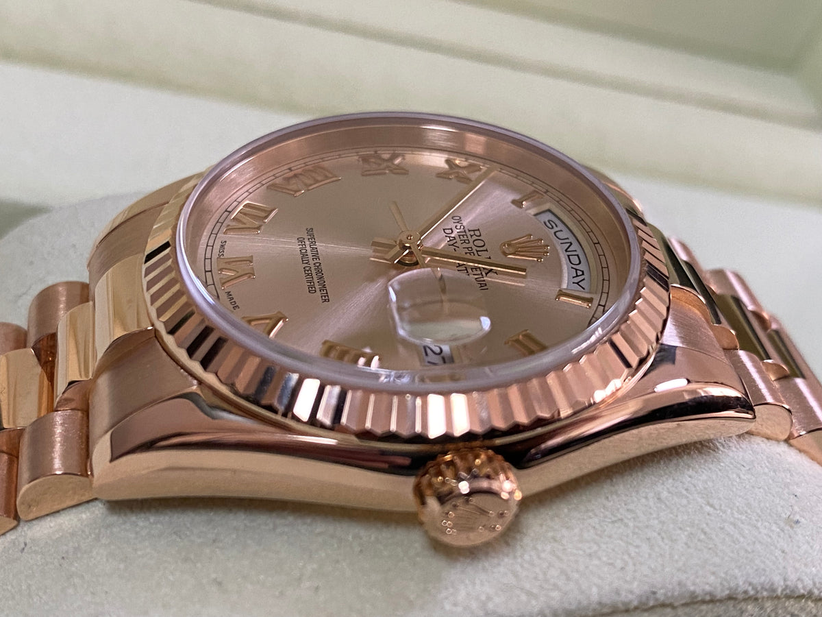 Rolex Everose Gold Day-Date 36 - K serial - Fluted Bezel - Pink Roman Dial - President Bracelet - 118235 *COMPLETE SET*