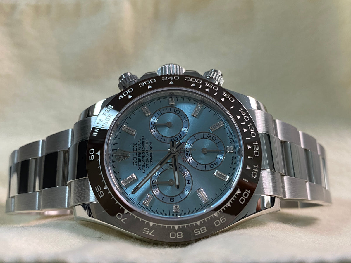 Rolex Platinum Cosmograph Daytona - 2016 - Ice Blue Baguette Diamond Dial - 116506 *FULL SET*