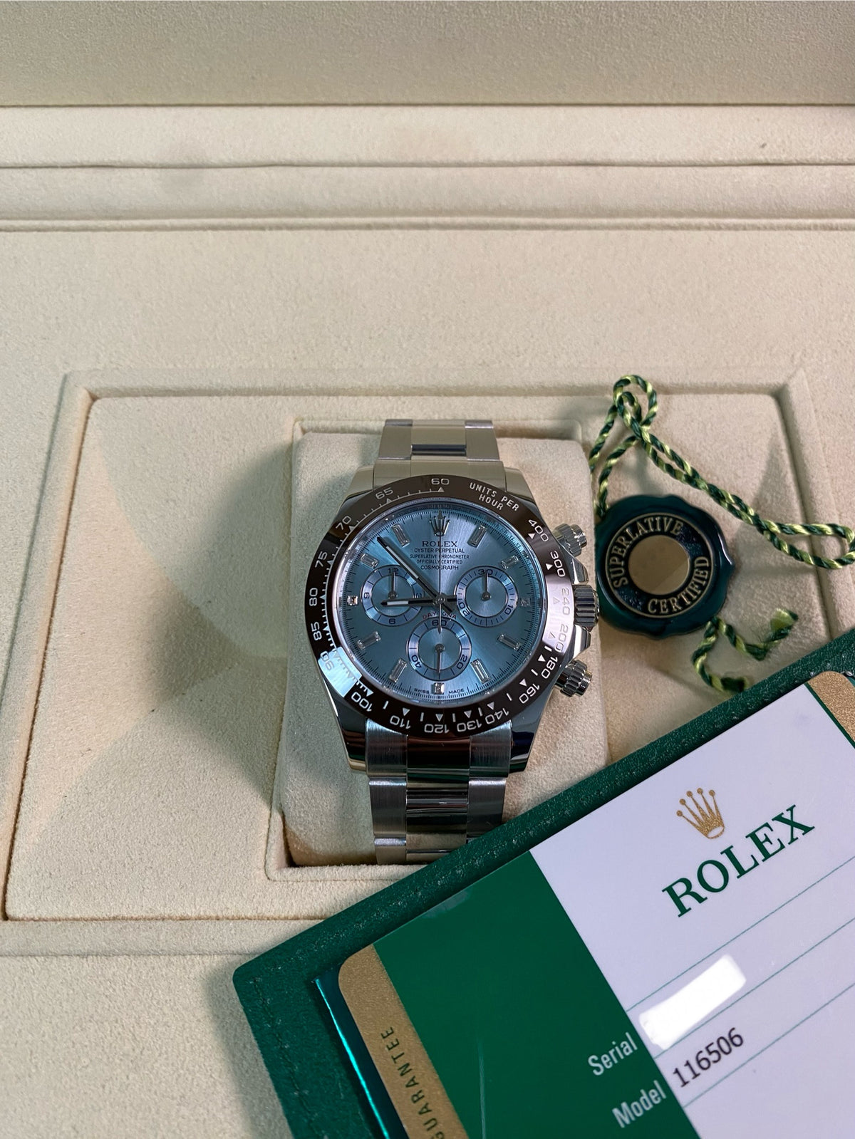 Rolex Platinum Cosmograph Daytona - 2016 - Ice Blue Baguette Diamond Dial - 116506 *FULL SET*