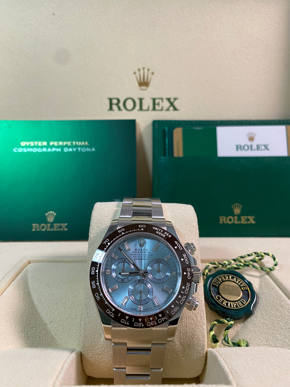 Rolex Platinum Cosmograph Daytona - 2016 - Ice Blue Baguette Diamond Dial - 116506 *FULL SET*