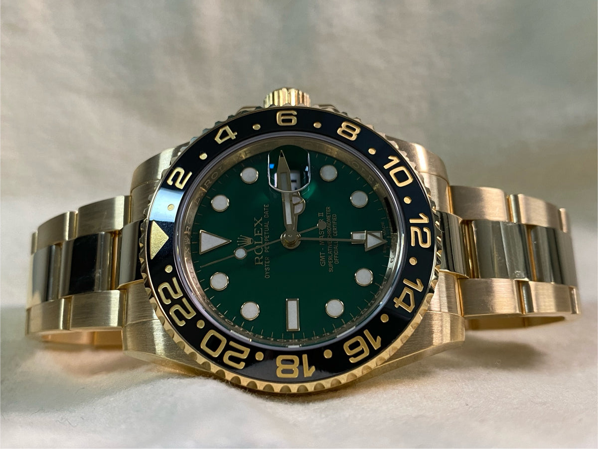 Rolex Yellow Gold GMT-Master II - 2014 - Black Bezel - Anniversary Green Dial - Oyster Bracelet - 116718LN *FULL SET*