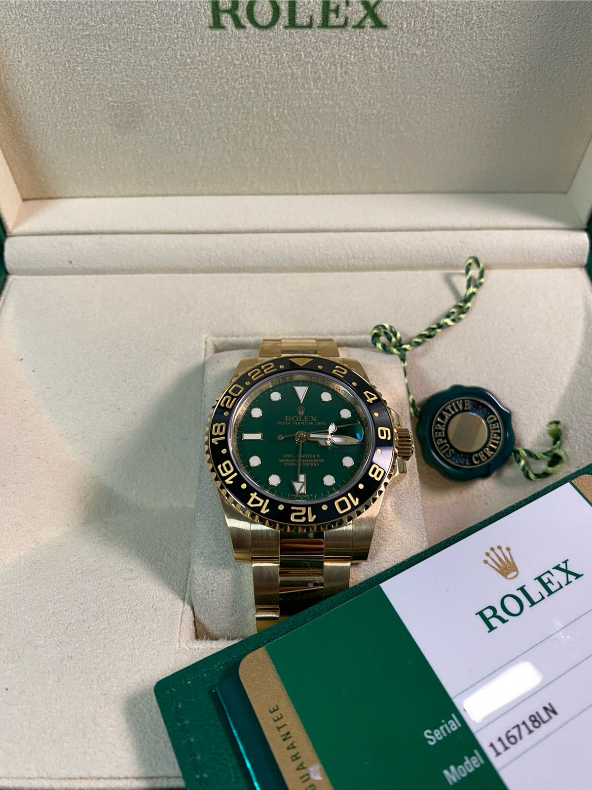 Rolex Yellow Gold GMT-Master II - 2014 - Black Bezel - Anniversary Green Dial - Oyster Bracelet - 116718LN *FULL SET*