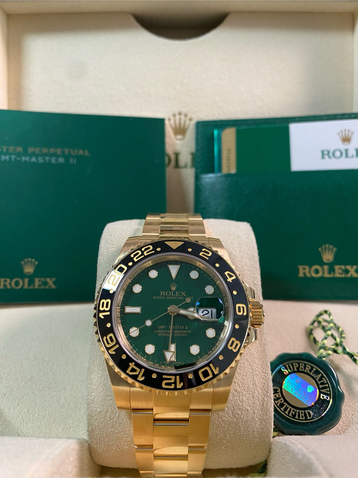 Rolex Yellow Gold GMT-Master II - 2014 - Black Bezel - Anniversary Green Dial - Oyster Bracelet - 116718LN *FULL SET*