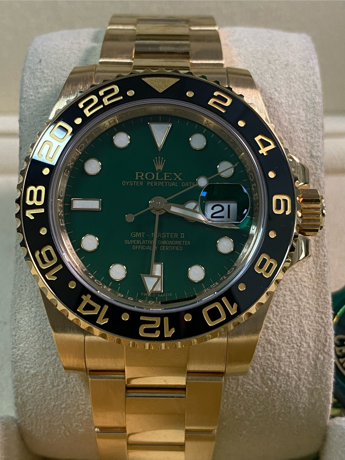 Rolex Yellow Gold GMT-Master II - 2014 - Black Bezel - Anniversary Green Dial - Oyster Bracelet - 116718LN *FULL SET*