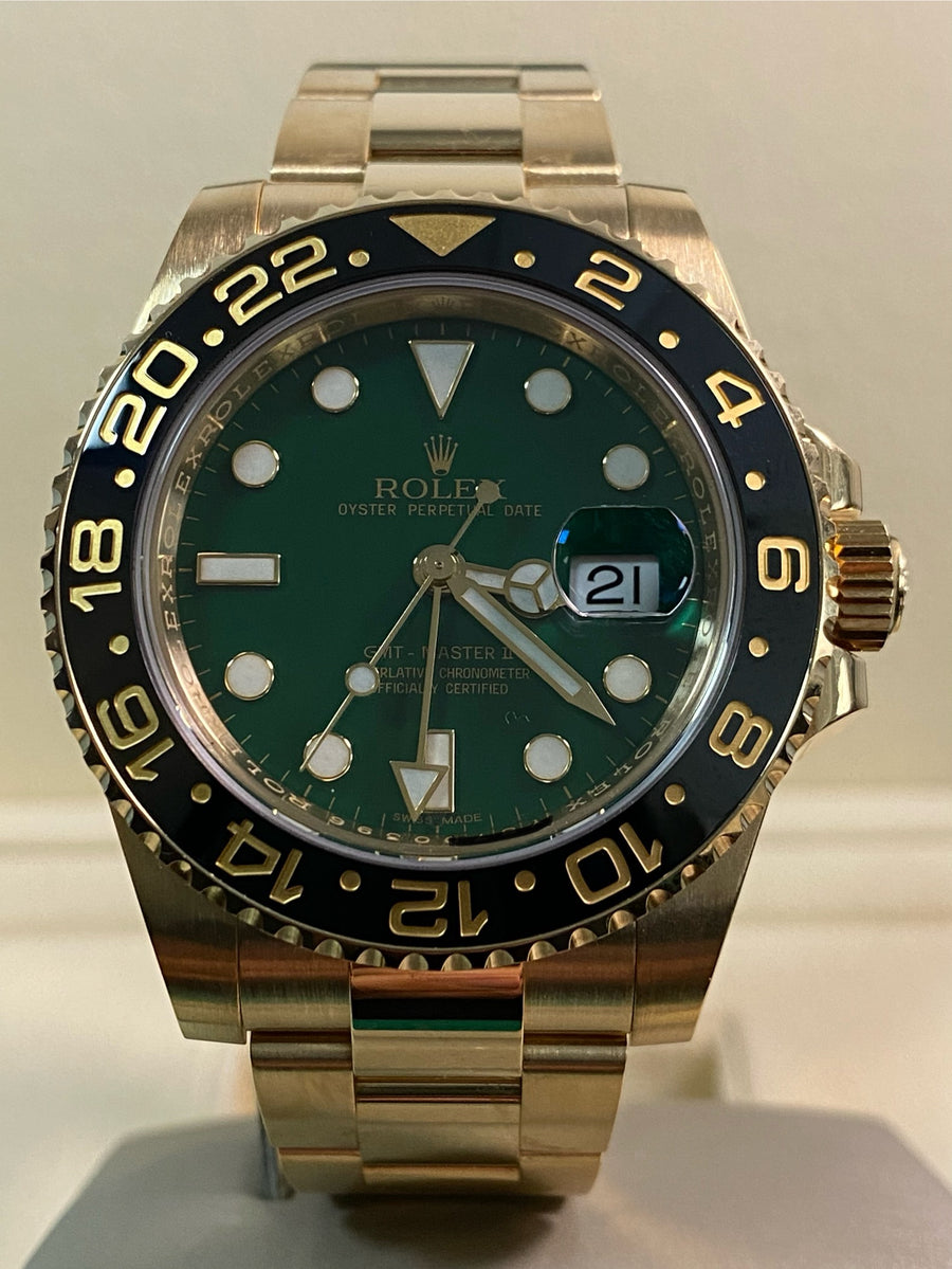 Rolex Yellow Gold GMT-Master II - 2014 - Black Bezel - Anniversary Green Dial - Oyster Bracelet - 116718LN *FULL SET*