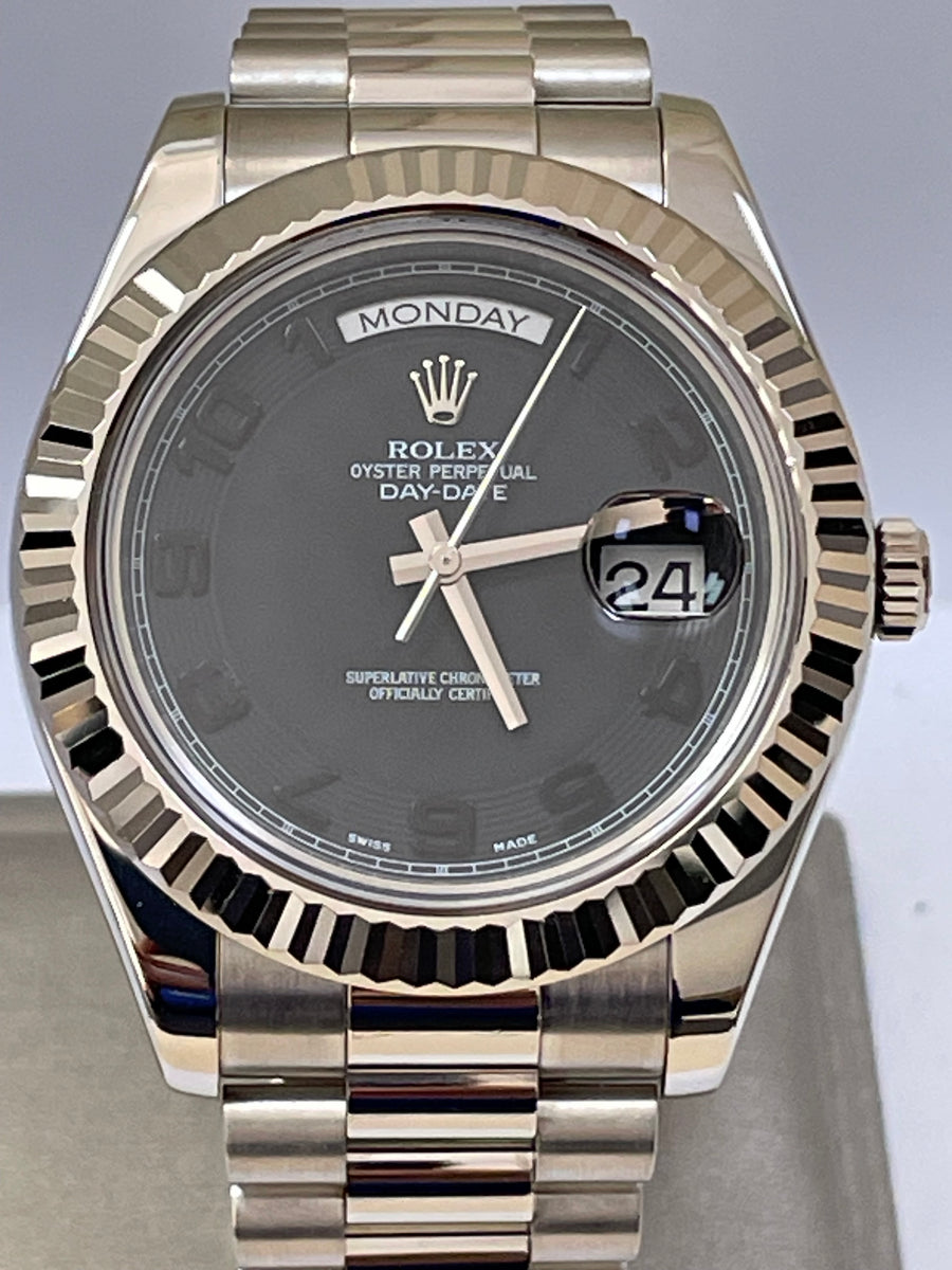 Rolex White Gold Day-Date II - 2017 - Fluted Bezel - Black Concentric Dial - President Bracelet - 218239