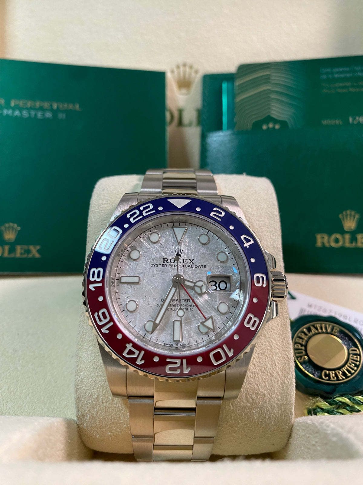 Rolex White Gold GMT-Master II - 2020 - "Pepsi" Bezel - Meteorite Dial - Oyster Bracelet - 126719BLRO *FULL SET*