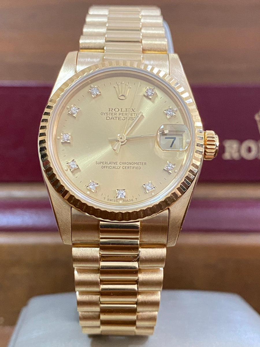 Rolex Yellow Gold Datejust 31 - L serial - Fluted Bezel - Factory Diamond Dial - President Bracelet - 68278