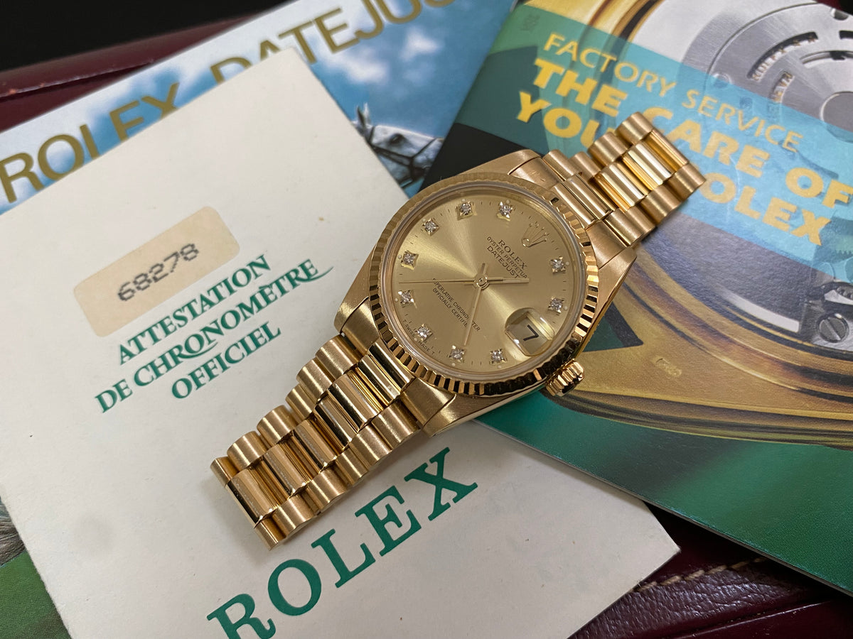 Rolex Yellow Gold Datejust 31 - L serial - Fluted Bezel - Factory Diamond Dial - President Bracelet - 68278