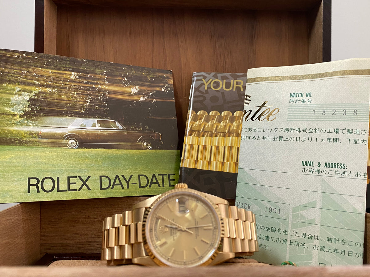 Rolex Yellow Gold Day-Date 36 - E serial - Fluted Bezel - Champagne Index Dial - Double Quickset - President Bracelet - 18238