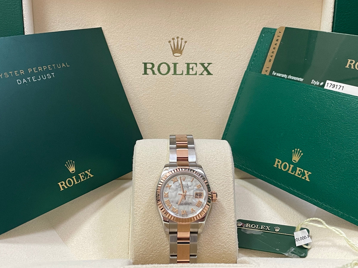 Rolex Everose Gold and Steel Lady-Datejust 26 - 2018 - Fluted Bezel - Mother-Of-Pearl Roman Dial - Oyster Bracelet - 179171