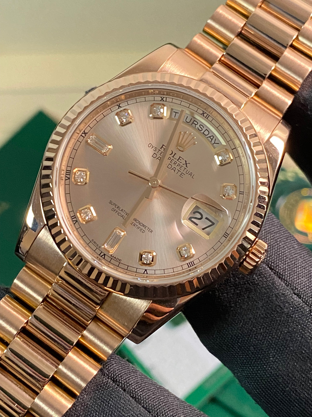 Rolex Everose Gold Day-Date 36 - 2017 - Fluted Bezel - Pink Diamond Dial - President Bracelet - 118235 *FULL SET*