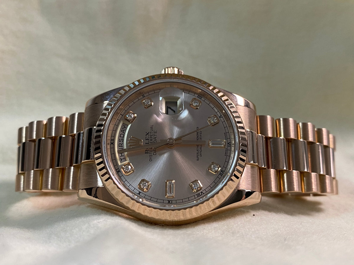 Rolex Everose Gold Day-Date 36 - 2017 - Fluted Bezel - Pink Diamond Dial - President Bracelet - 118235 *FULL SET*