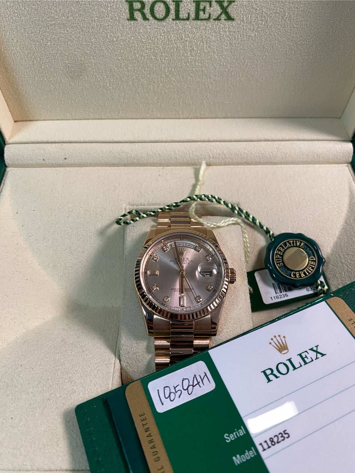 Rolex Everose Gold Day-Date 36 - 2017 - Fluted Bezel - Pink Diamond Dial - President Bracelet - 118235 *FULL SET*