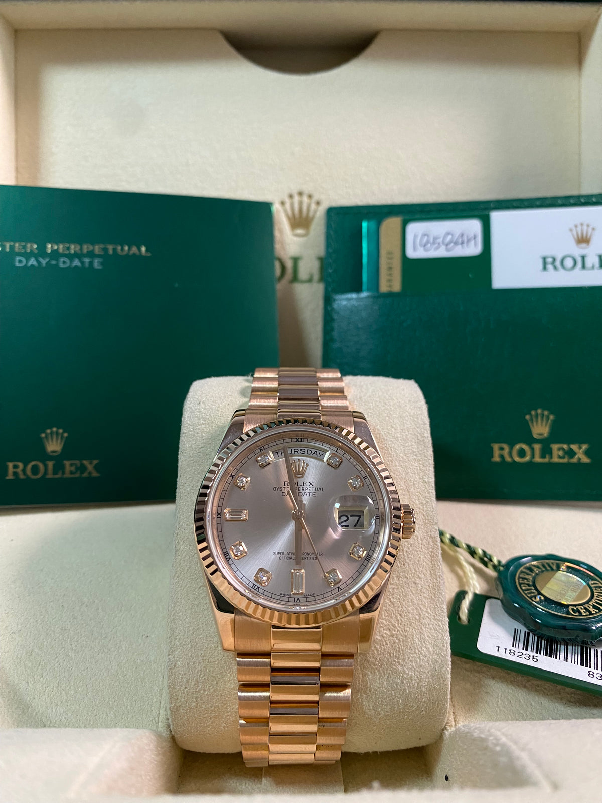 Rolex Everose Gold Day-Date 36 - 2017 - Fluted Bezel - Pink Diamond Dial - President Bracelet - 118235 *FULL SET*