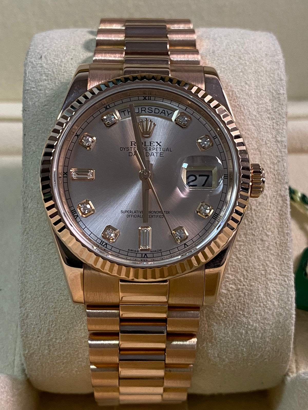 Rolex Everose Gold Day-Date 36 - 2017 - Fluted Bezel - Pink Diamond Dial - President Bracelet - 118235 *FULL SET*