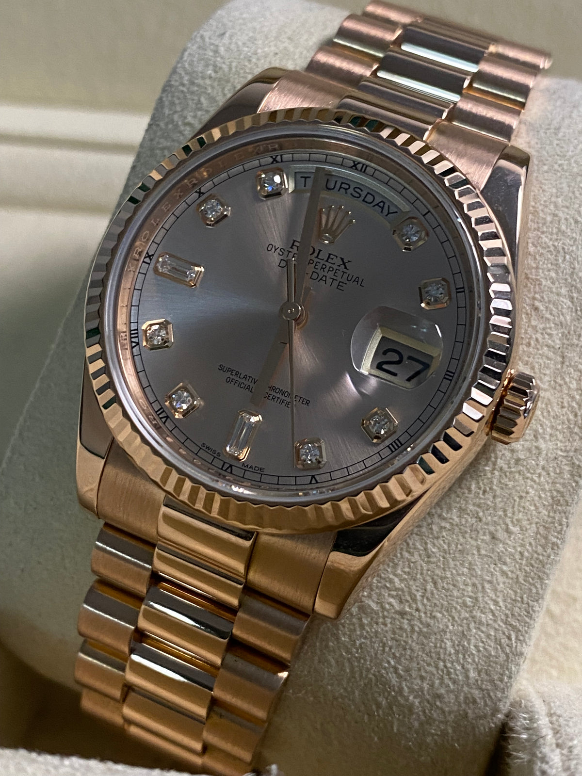 Rolex Everose Gold Day-Date 36 - 2017 - Fluted Bezel - Pink Diamond Dial - President Bracelet - 118235 *FULL SET*