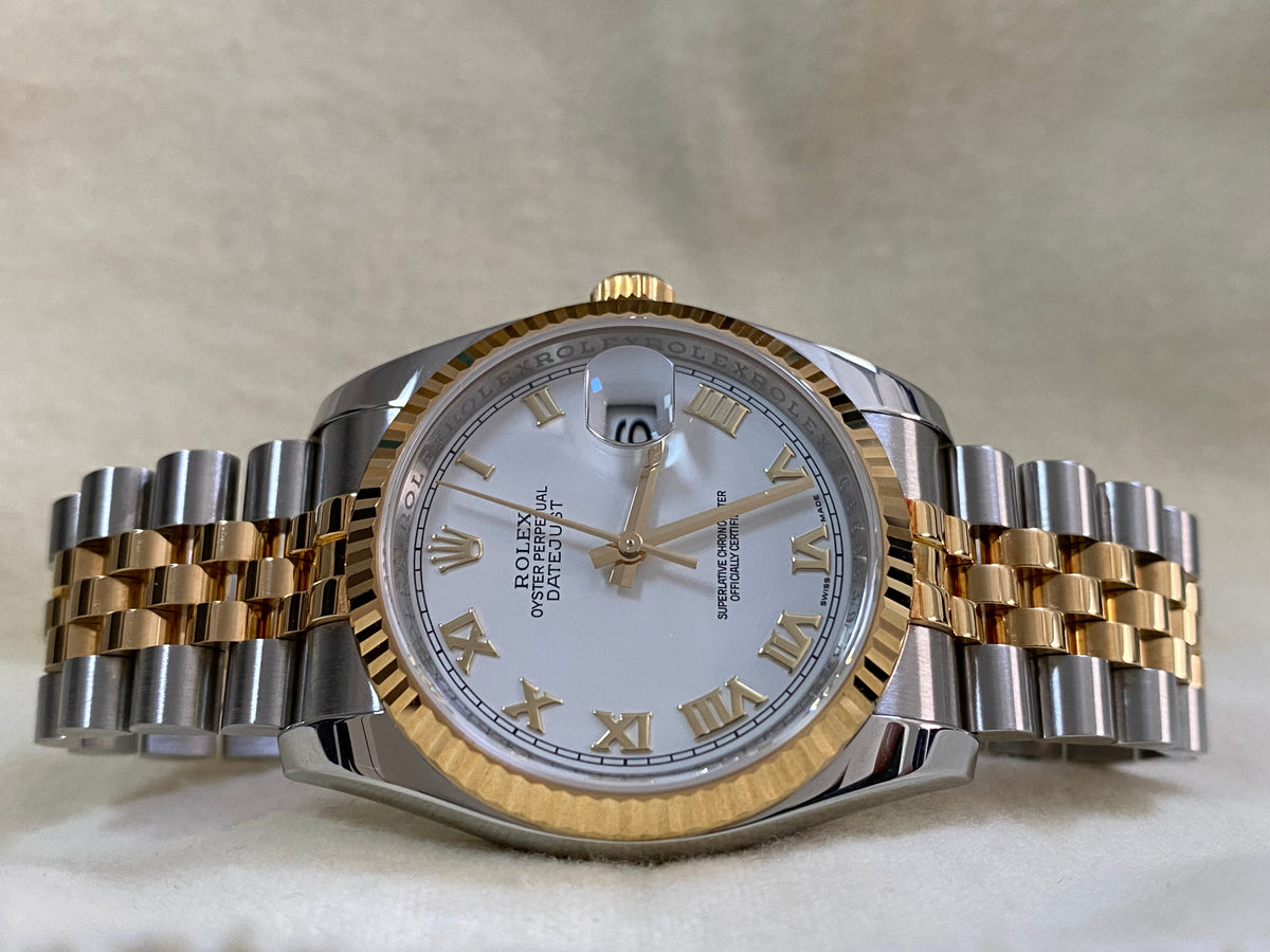 Rolex Steel and Yellow Gold Datejust 36 - 2017 - Fluted Bezel - White Roman Dial - Jubilee Bracelet - 116233 *UNPOLISHED*
