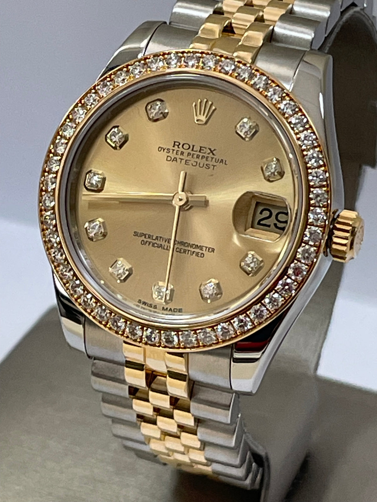 Rolex Steel and Yellow Gold Datejust 31 - G serial - 46 Diamond Bezel - Champagne Diamond Dial - Jubilee Bracelet - 178383