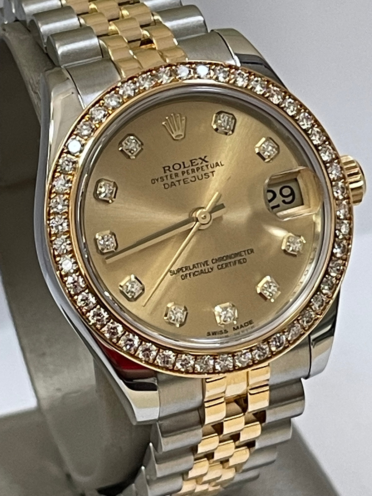 Rolex Steel and Yellow Gold Datejust 31 - G serial - 46 Diamond Bezel - Champagne Diamond Dial - Jubilee Bracelet - 178383