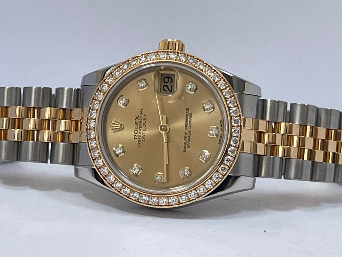 Rolex Steel and Yellow Gold Datejust 31 - G serial - 46 Diamond Bezel - Champagne Diamond Dial - Jubilee Bracelet - 178383